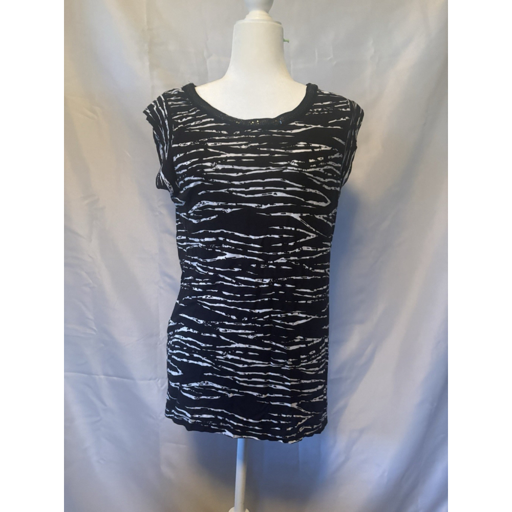 A New Approach Zebra Print Tank Top Large Black White Sequin Neck Sleeveless